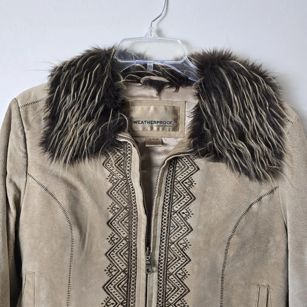 Weatherproof Garment Co. Vtg  Suede Leather Tan Embroidered Penny Lane Coat M - Picture 7 of 17